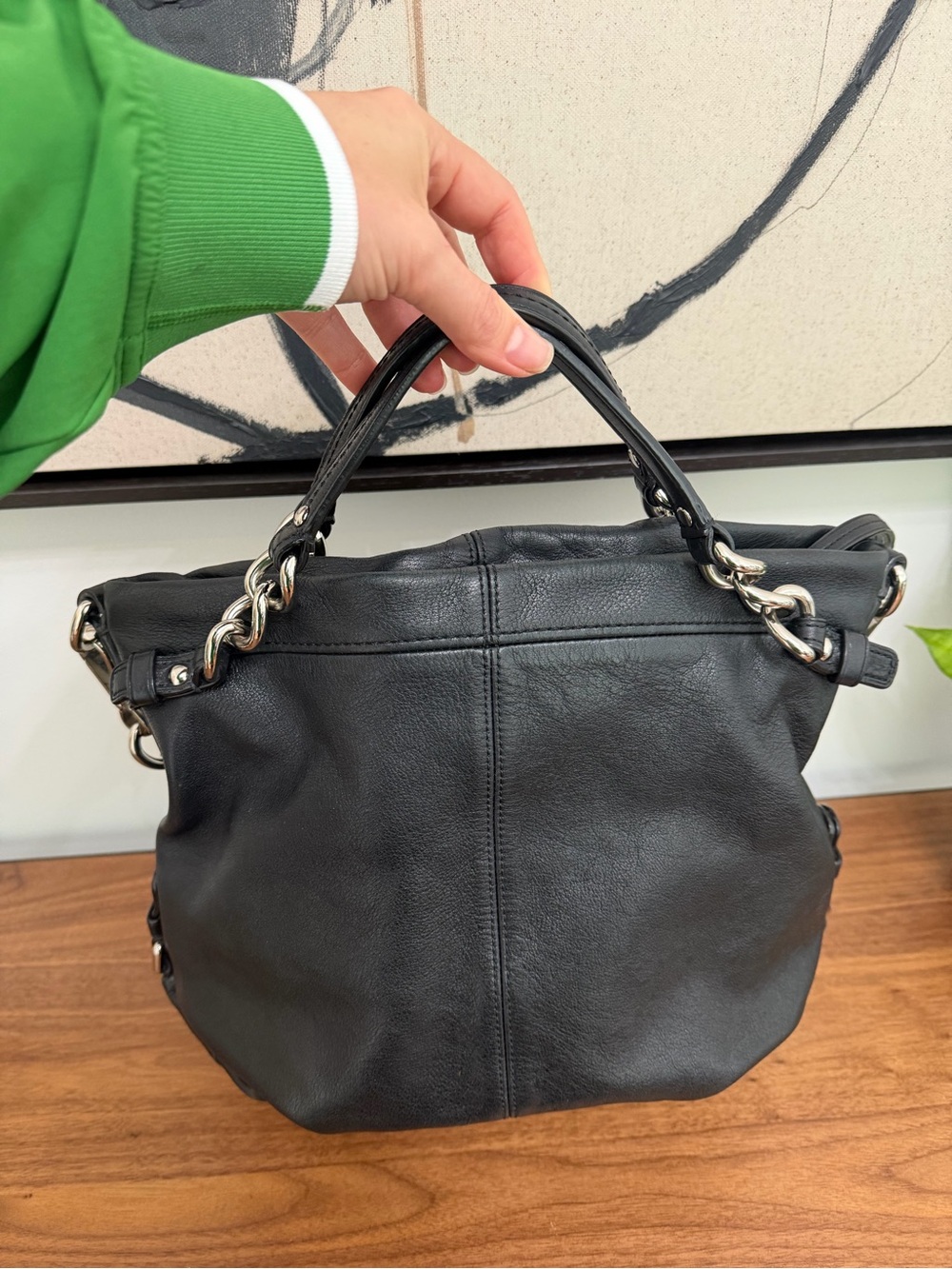 Black Leather Chain-Accent Women's Handbag
